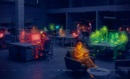 Office workers experiencing varied digital employee experiences shown through colour-coded heat mapping, illustrating poor technology performance with red zones for slow devices and Zoom crashes, yellow for login delays, and green for stable performance