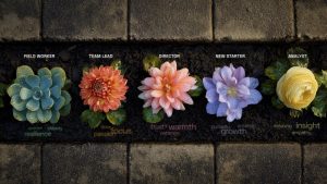 Five flowers representing user personas in IT service management: Field Worker, Team Lead, Director, New Starter, and Analyst, each with associated traits including resilience, focus, warmth, growth, and insight.