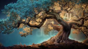 Mature tree with deep roots and sprawling branches in teal and gold, overlaid with words including data, culture, knowledge, transformation, end-user experience, predictive analytics and AI, illustrating how a new ITSM tool succeeds only when built on strong foundations.