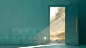 An open door in a teal wall leading to a sunlit path through long grass, with wildflowers and drifting dandelion seeds, representing a service desk career as the starting point in IT.