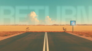 Empty road ending at an end-of-motorway sign with the word RETURN faded into the sky, illustrating AI job losses caused by returns that never arrived